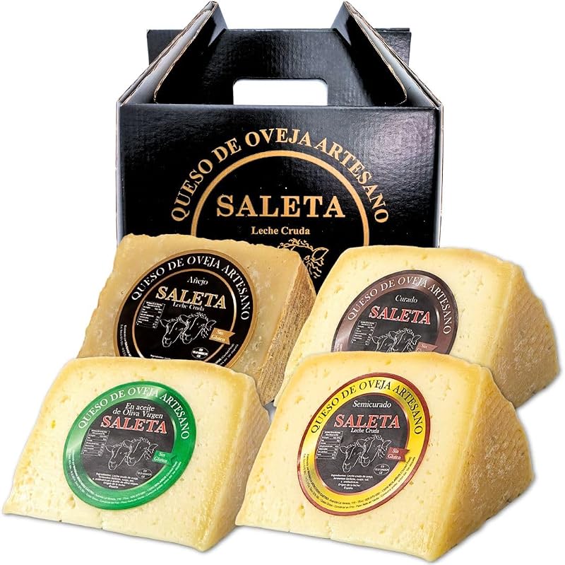 SALETA® Cesta Quesos Gourmet Regalo | Queso Oveja de La Mancha | 4 Cuñas Queso Curado, Semicurado, Añejo y en Aceite de Oliva Virgen Extra | Surtido de quesos "Pack Más Premiados 1Kg"