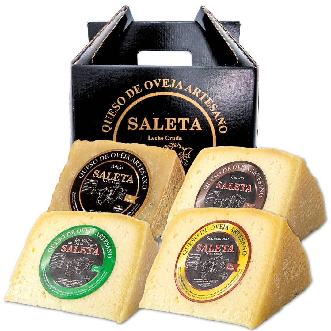 SALETA® Cesta Quesos Gourmet Regalo 4 Cuñas Queso Curado Semicurado Añejo Aceite Oliva Virgen Extra 1Kg