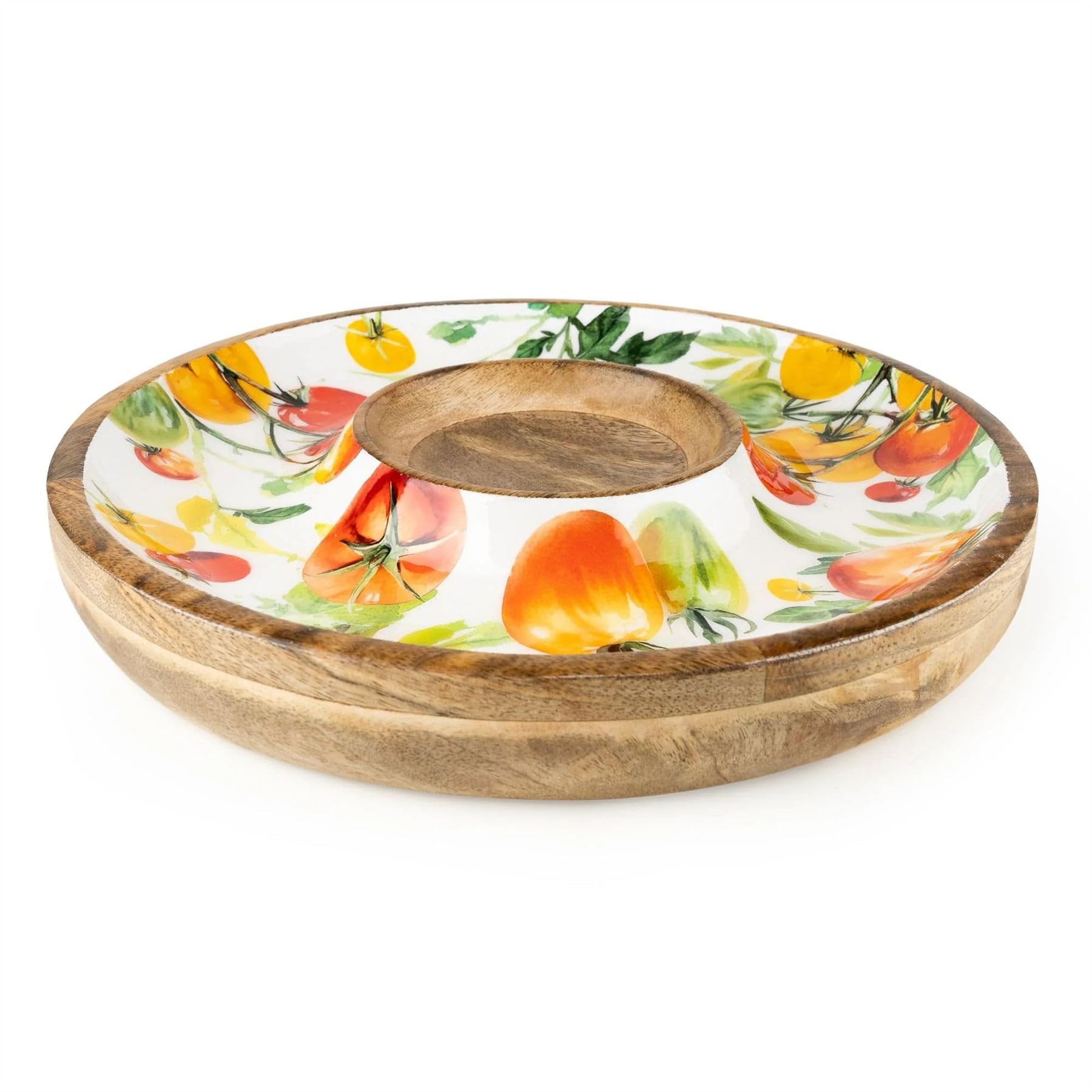 Mango Wood Tomato Chip and Dip Serving Platter, 31cm Large Round Wooden Enamelled Tomato Design Chip & Dip Bowl Tray