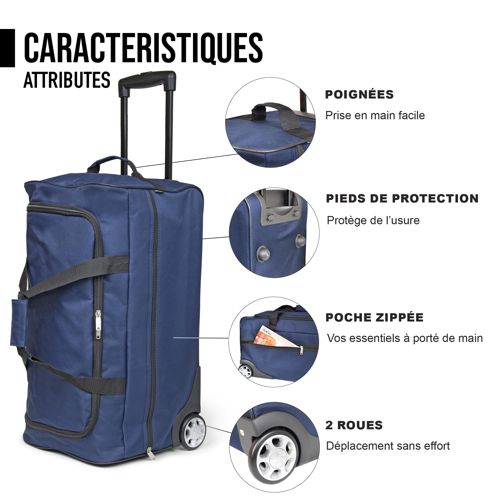 KINSTON Sac de Voyage Trolley Bleu - Grand Sac à roulettes & Canne Télescopique, Compartiment Principal Spacieux et Poche Latérale Zippée - Valise Bagage à Main Idéal pour Voyages et Week-Ends