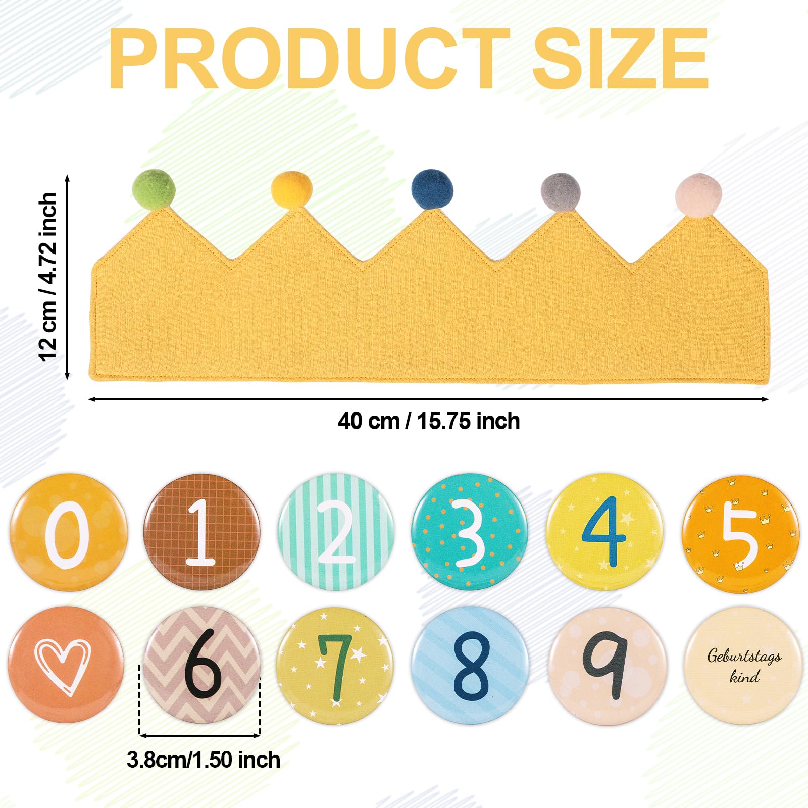 Birthday Crown Hat, with 0-9 Number Signs Cute Muslin Kids Birthday Crown Reusable Decorative Birthday Hat Party Supplies for Baby, Girls, Boys (Yellow)