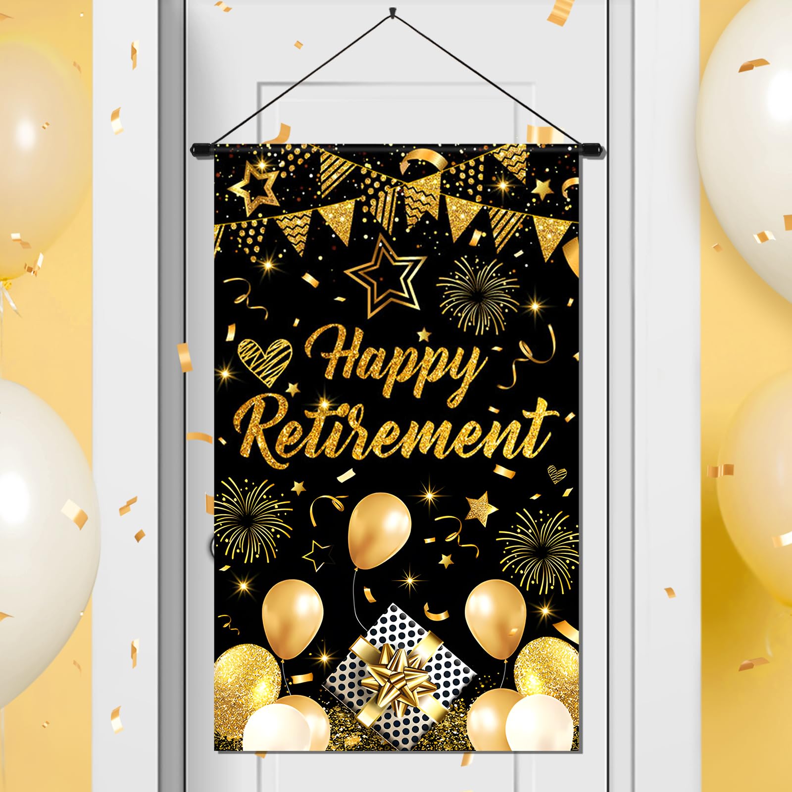 Black Gold Retirement Door Sign Decorations Happy Retirement Door Banner Small Hanging Banner Porch Front Door Decor for Men Women Employee Farewell