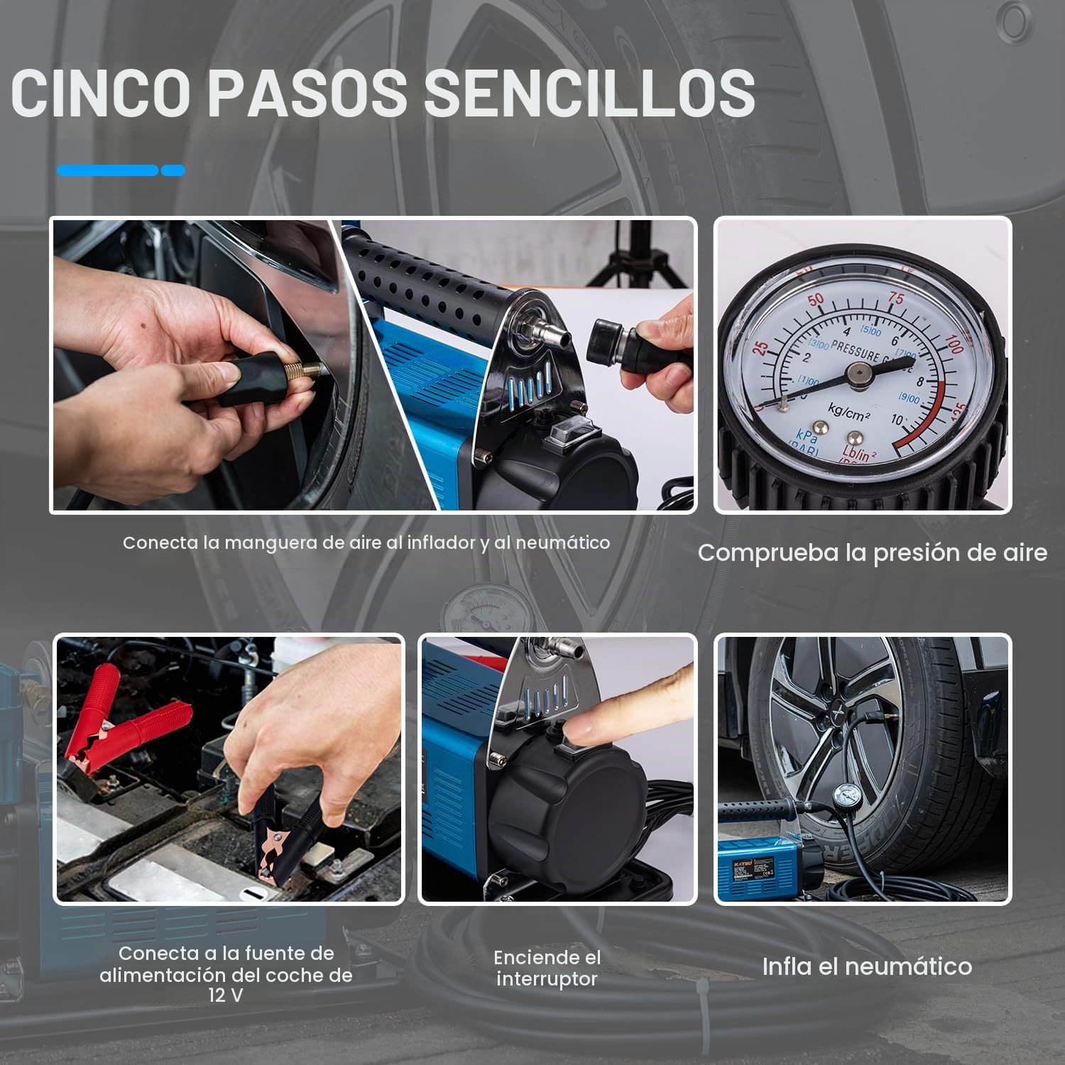 KATSU Tools Profesional Inflador de Neumáticos de Coche, 150 PSI 12V 45Amp Portátil Gran Volumen Bomba de Neumáticos de Compresor de Aire para 4WD Auto Van Camiones Inflables