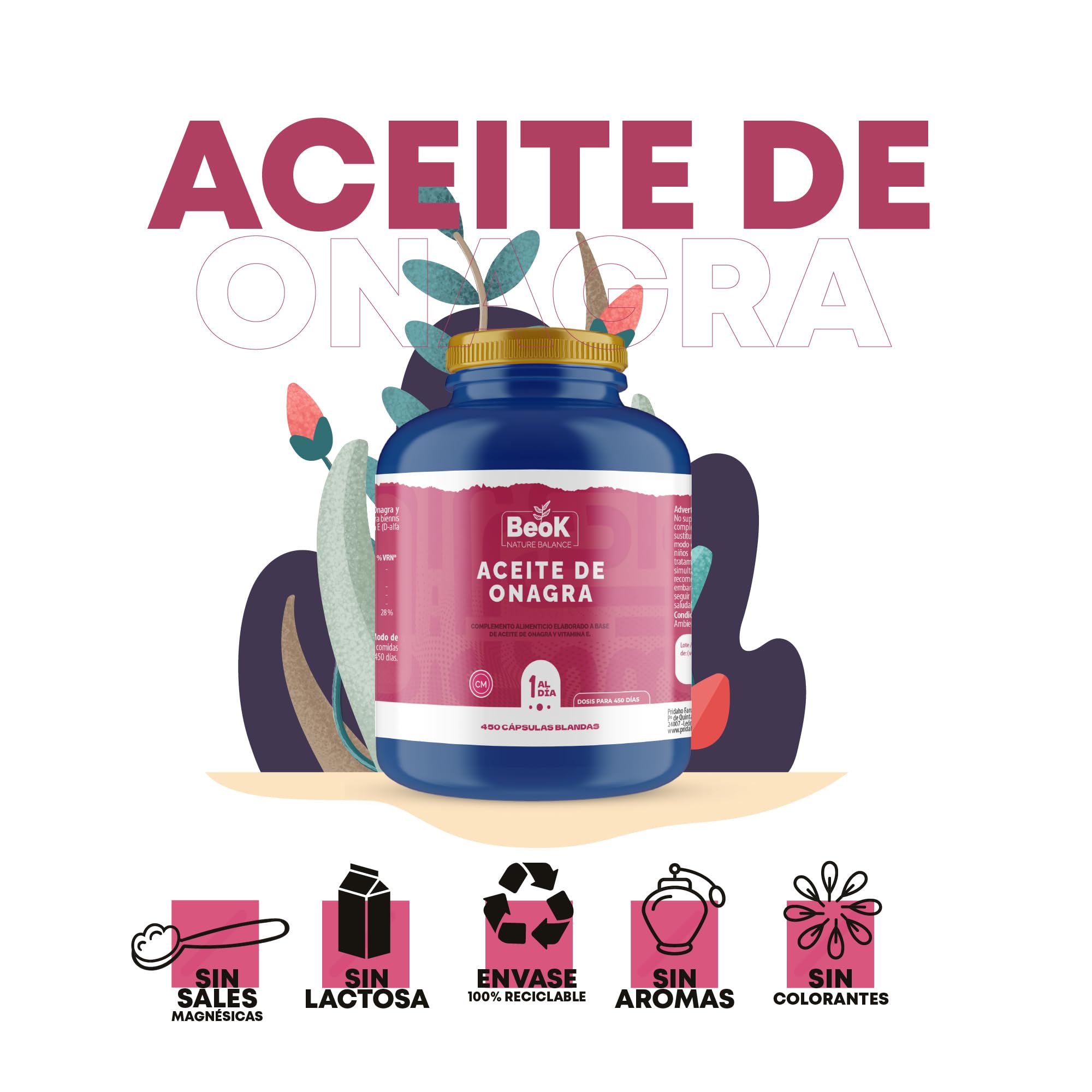 BEOK Aceite de Onagra 450 Cápsulas Blandas – Complemento Alimenticio con 500 mg de Aceite de Onagra y Vitamina E – Apoyo Hormonal y Bienestar Femenino – Formato Ahorro para 450 Días