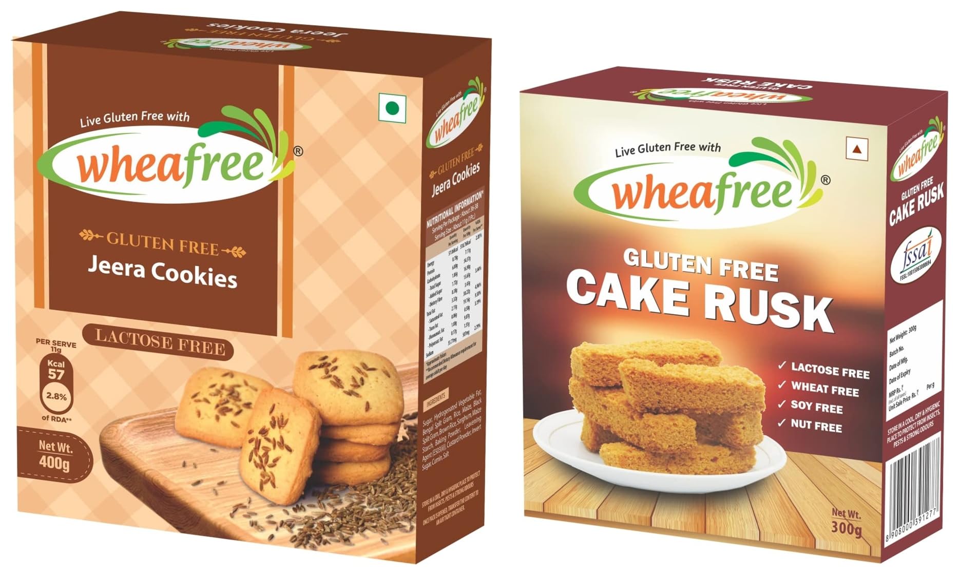 Wheafree Gluten Free Jeera Cookies (400g) & Wheafree Gluten Free Cake Rusk (300 Grams)