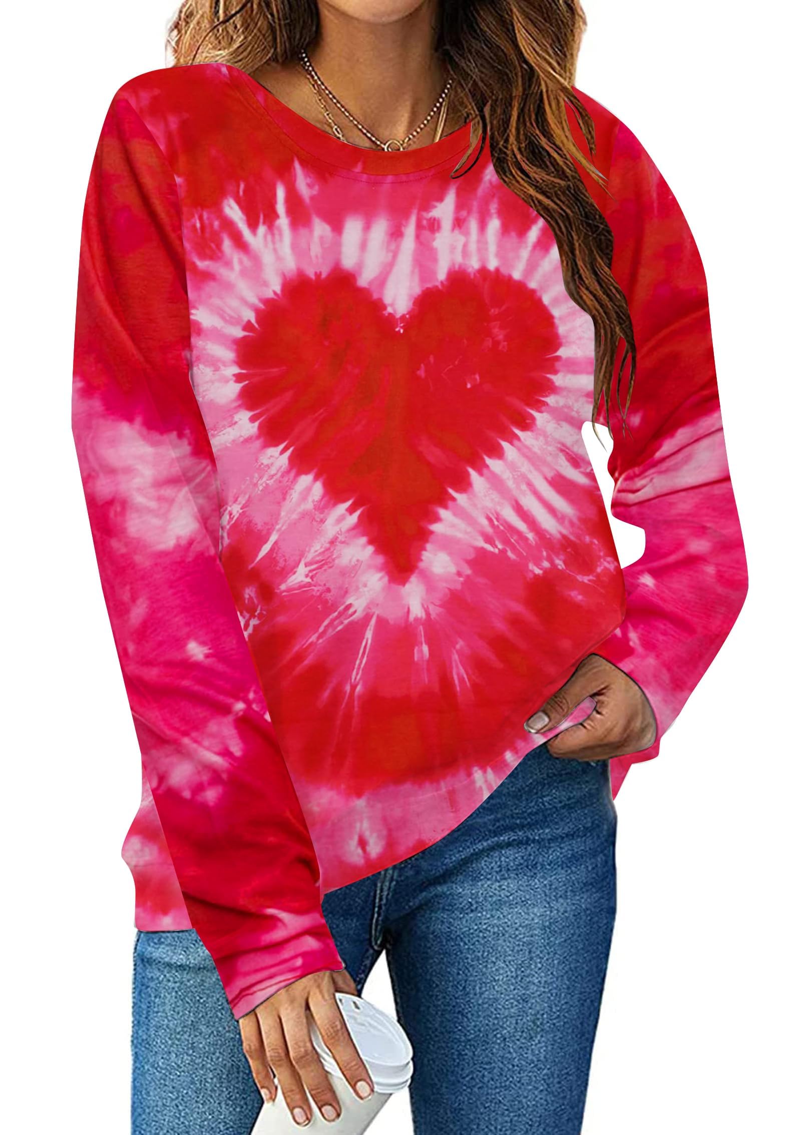 SUPEYA Valentines Shirt Women Tie Dye Heart Shirts Lightweight Pullover Casual Lover Gift Long Sleeve Tops Shirt