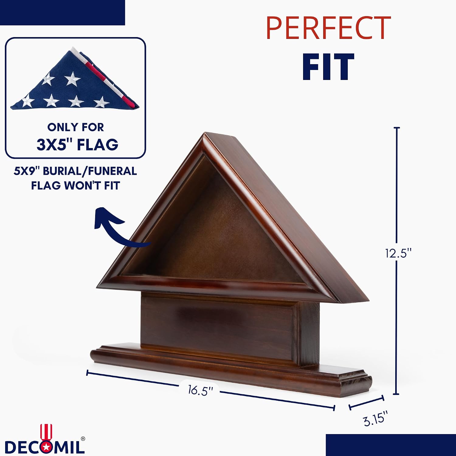 DECOMIL - 3x5 Flag Display Case, Flag Shadow Box (Not for Burial Funeral Flag), Small Flag Display Case ,Solid Wood, Cherry Finish with Name Space