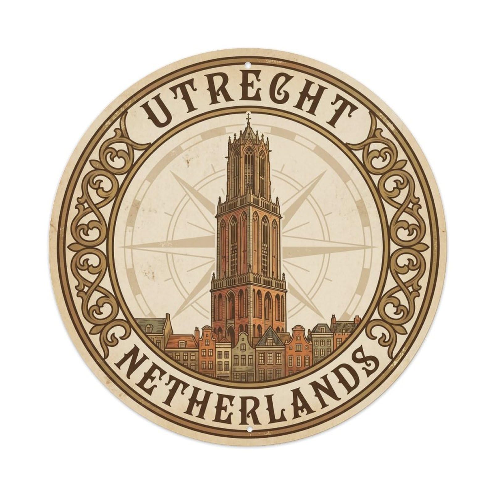 Retro Netherlands Utrecht Round Travel Vintage Metal Tin Sign Plaque Wall Decor for Cafe, Club Bar, Office, Garden Metal Poster 8x8Inch