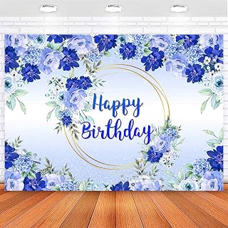 Blue Floral Birthday Backdrop Royal Blue Flower Gold Loops Happy Birthday Photography Background Women Girls Birthday Party Decorations Banner for Cake Table Supplies 7x5ft