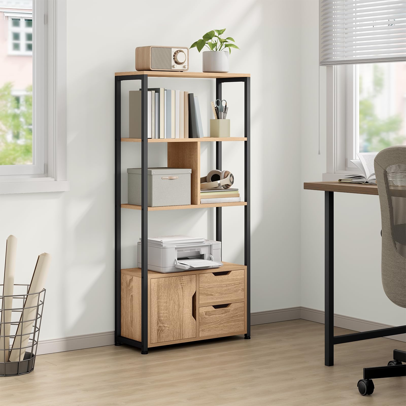 WOLTU Libreria Moderna Design, 58 x 24 x 122 cm, Scaffale per Libri CD | con Cassetti e Ante, in Legno e Metallo, Rovere Chiaro