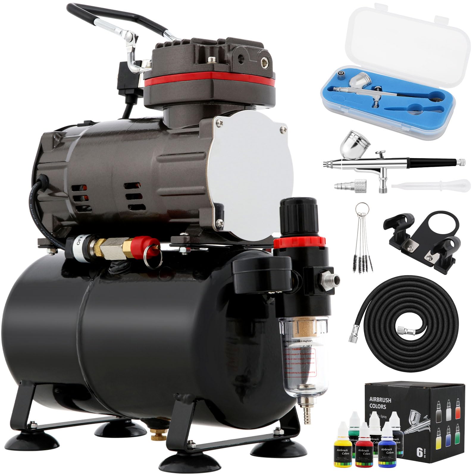 Airbrush-Kompressor mit Lufttank, professionelles Airbrush-Farb-Set mit Manometer, komplette Ausrüstung mit Auto-Stop-Funktion, ideal für Modellbemalung und Nagelkunst