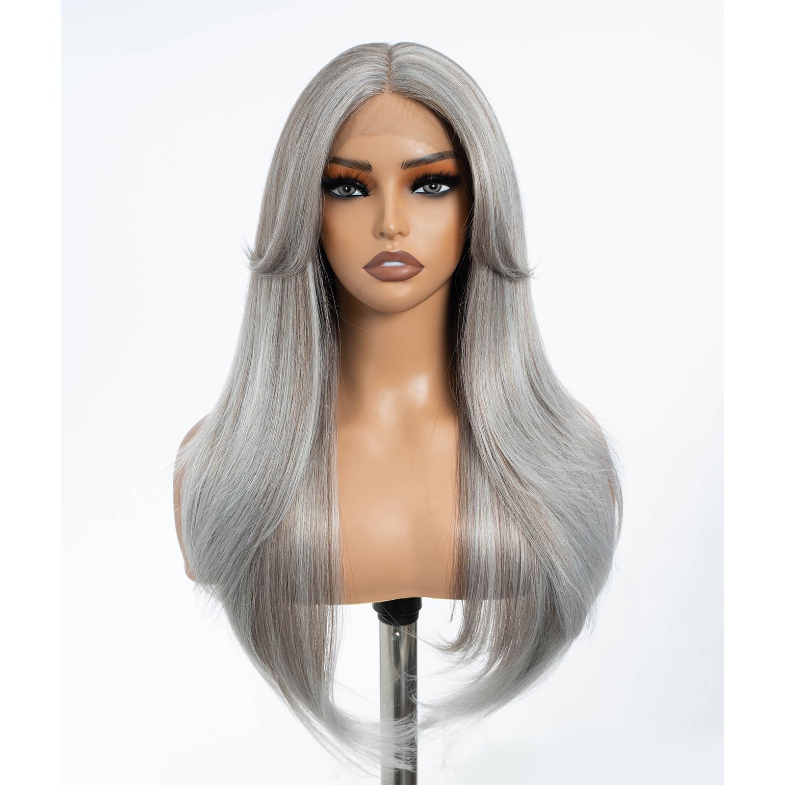DÉBUT Ombre Gray Synthetic Lace Front Wigs with Curtain Bangs, Long Straight Layered Wigs with Bangs, Middle Part with Natural Hairline Lace Front