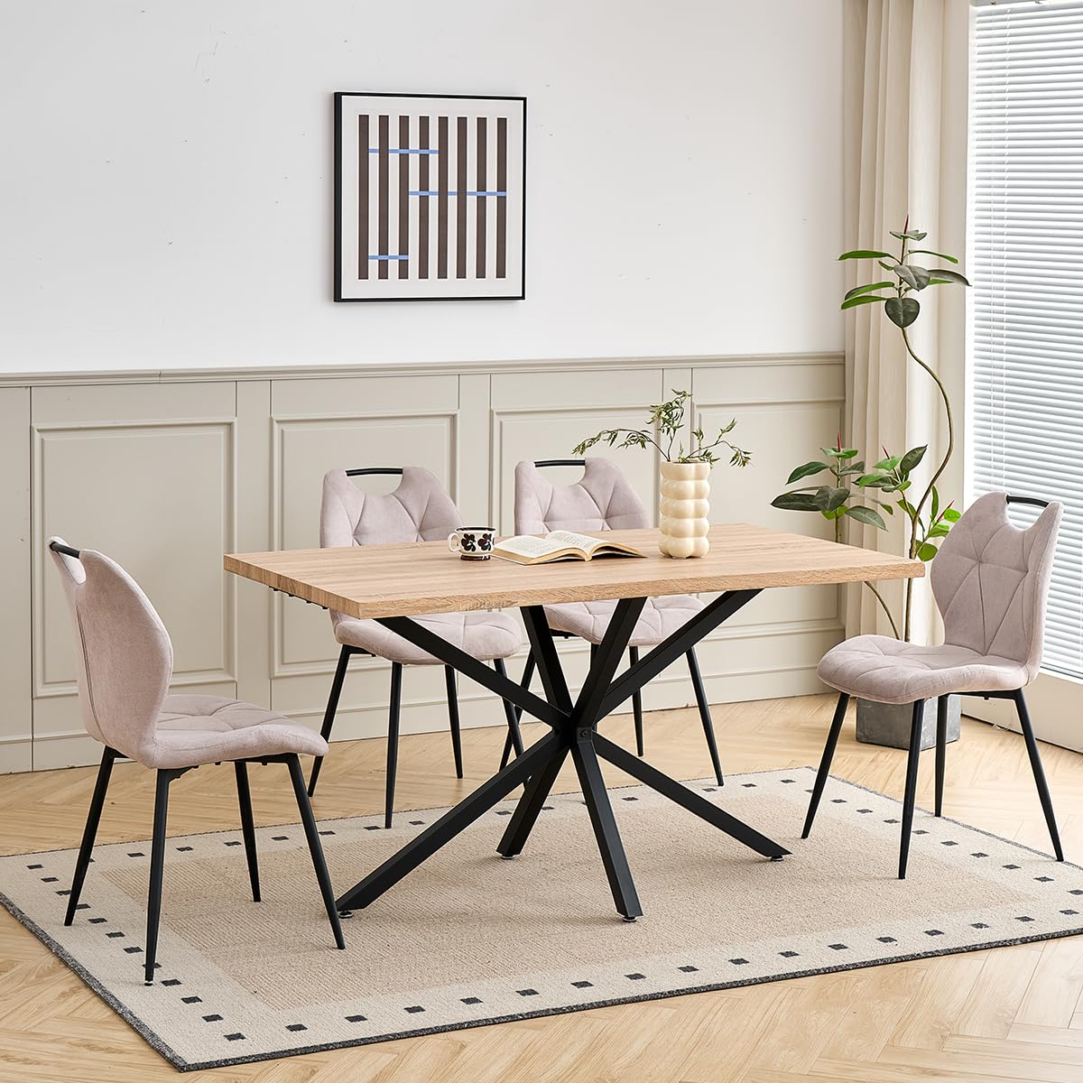 GrandCA HOME Juego de 6 sillas de Comedor, sillas nórdicas de Cocina con Asas, para Comedor y Sala de Estar, Patas de Metal y tapizado con diseño de Rombos (Beige)
