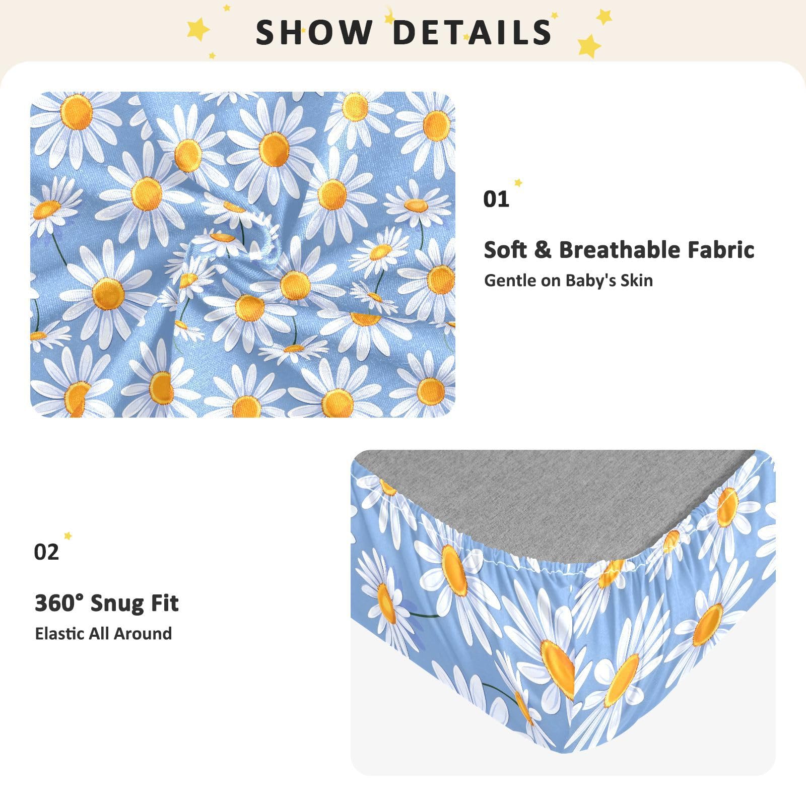 Sábanas de algodón para cuna de bebé, niños, niñas, diseño floral de margaritas, suave, para decoración de guardería, 1 paquete de sabanas para cuna