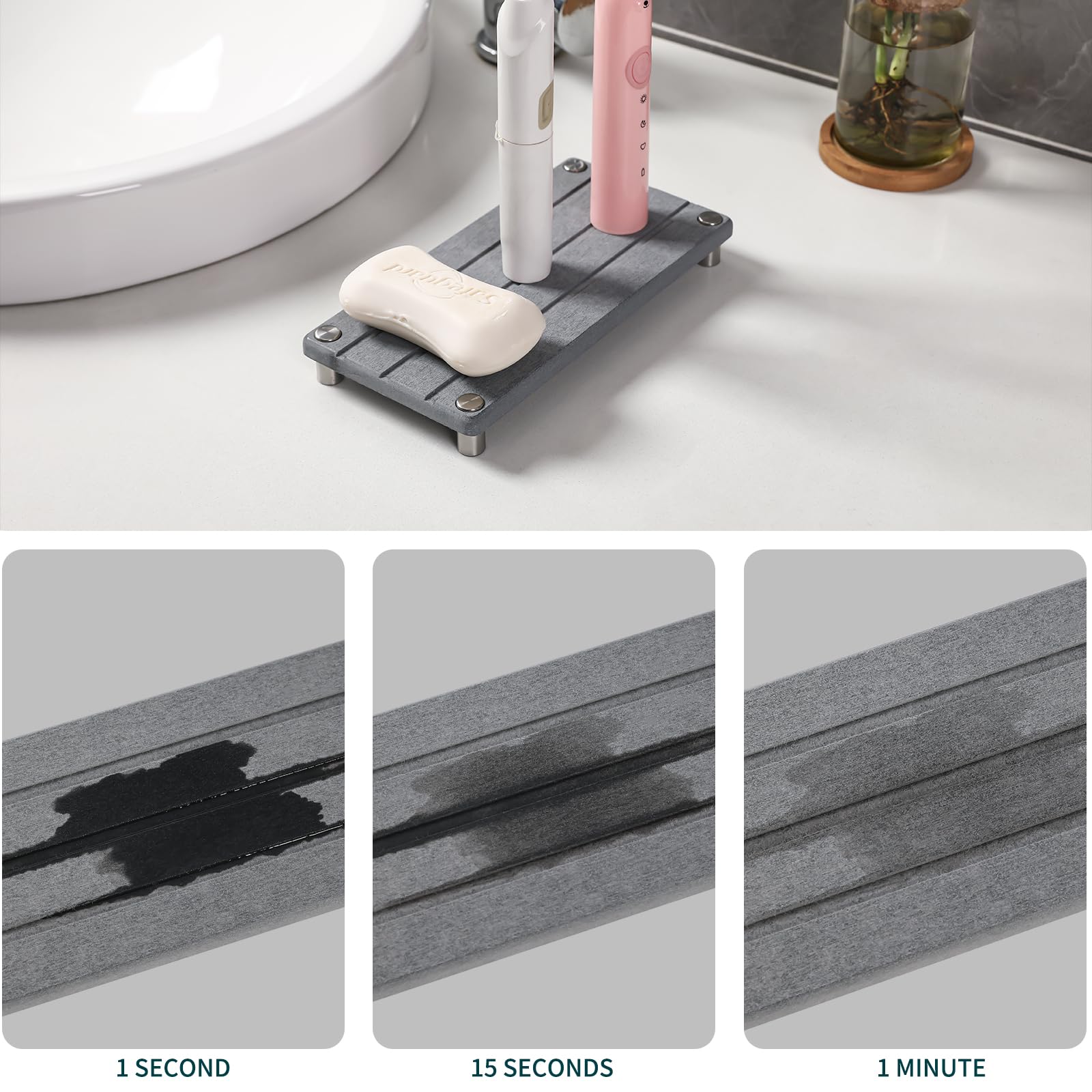 3 Pack Drying Trays with Feet, Water Absorbing Stone Trays Diatomite Tray Instant Dry Sink Coasters, Kitchen Sponge Hand Soap Holder Countertop Fast Drying Counter Tray Wave Grooves Bath Mat