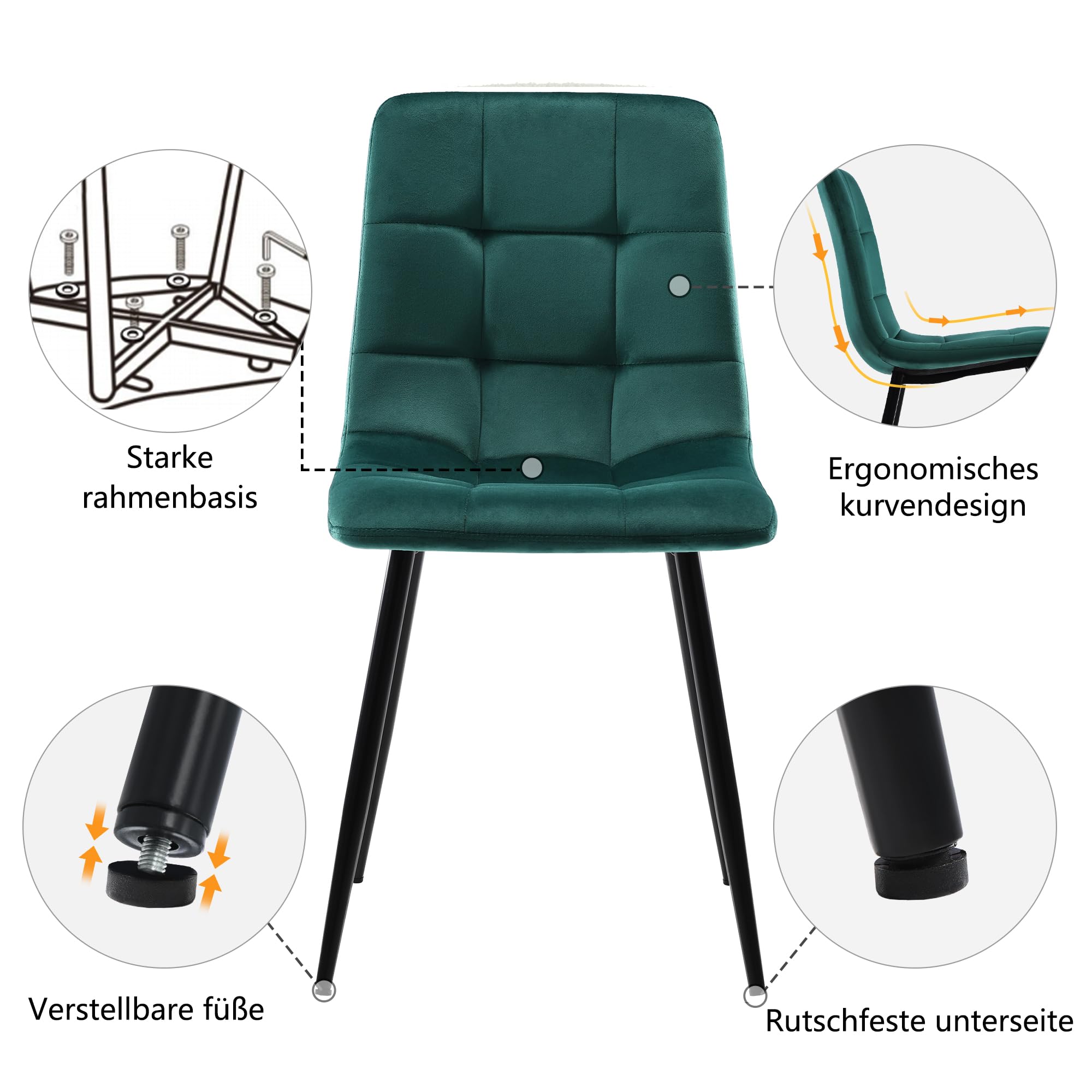 Ensemble de salle à manger avec 4 chaises - Table de cuisine rectangulaire - En velours - Vert foncé - Pieds en métal noir - Aspect marbre - 117 x 68 x 75 cm