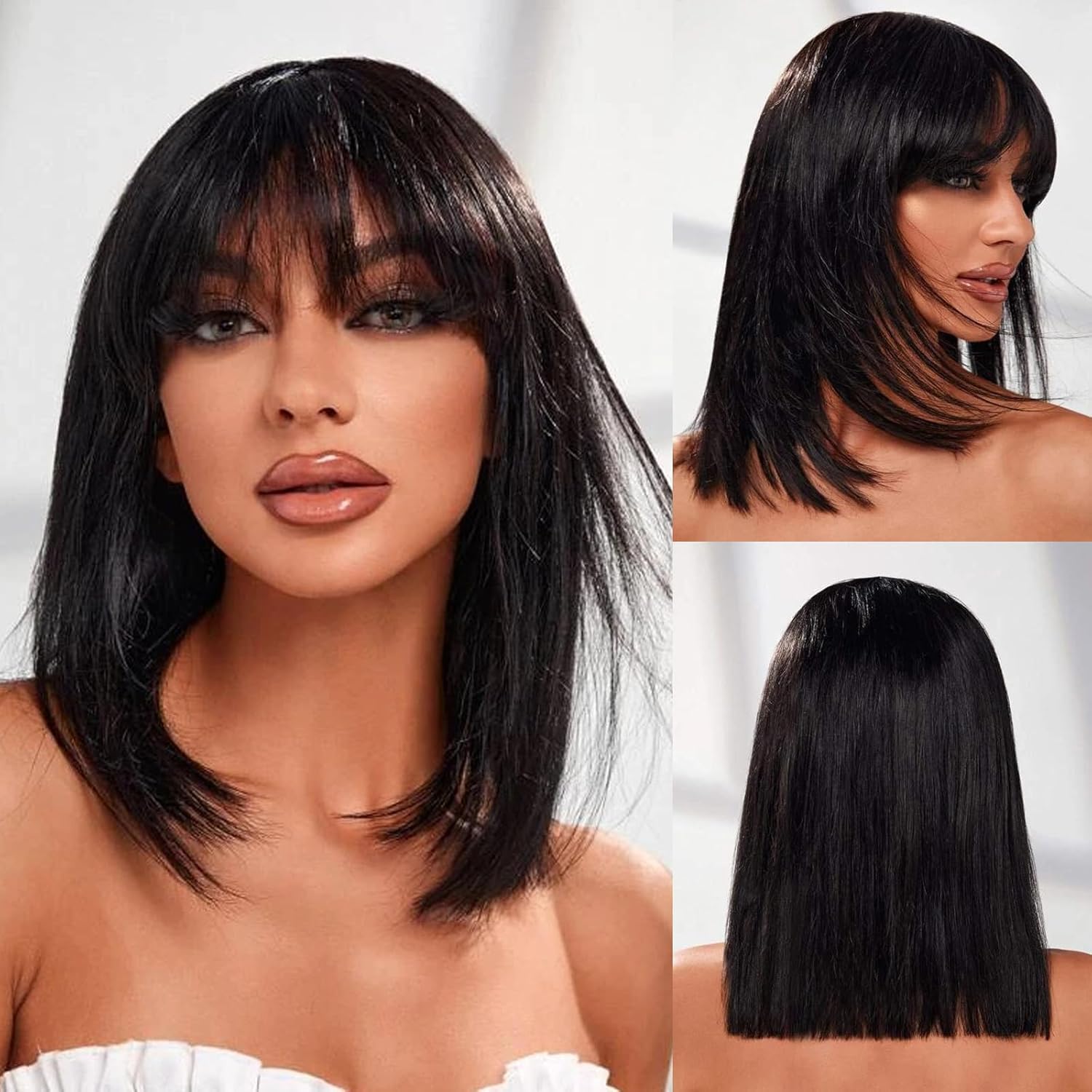 Straight Human Hair Wig with Bangs 180% Density Glueless Machine Made $_57.JPG?set_id=880000500F main image 2