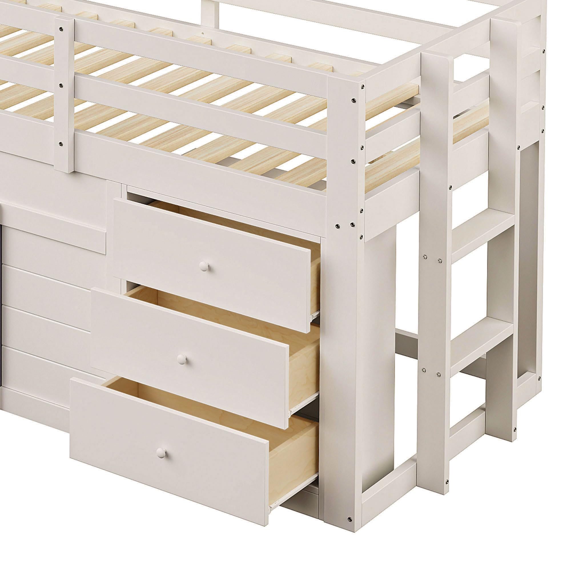 Merax Kinderbett 90x200 Funktionsbett Kinder Hochbett mit Rutsche, Stauraum, Unterhaltungsbereich unter dem Bett - Holzbett mit Lattenrost, Leiter und Rausfallschutz, Kiefer, ohne Matratze, Creme