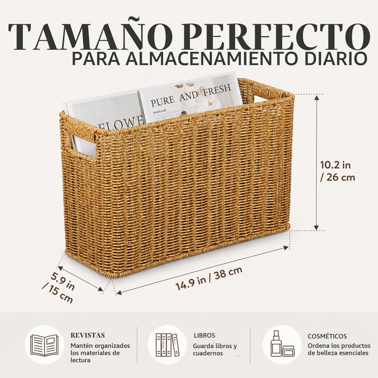 Healeved Cesta de almacenamiento tejida estilo ratán organizador de escritorio con asas huecas, cesta de almacenamiento de revistas, cesta para cosméticos, aperitivos y objetos pequeños, 14.96 x 10.24