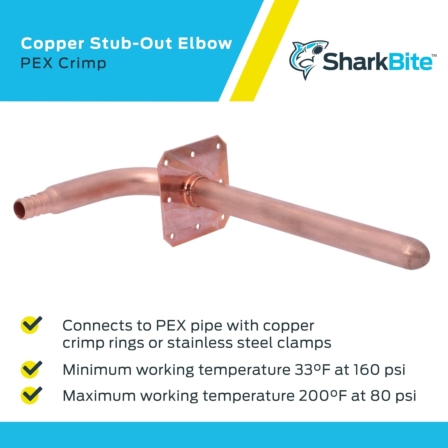 SharkBite 1/2 Inch Crimp Copper Stub Out Elbow with 4 Inch x 8 Inch Bracket, Plumbing Fittings, PEX Pipe, PE-RT, 25094A