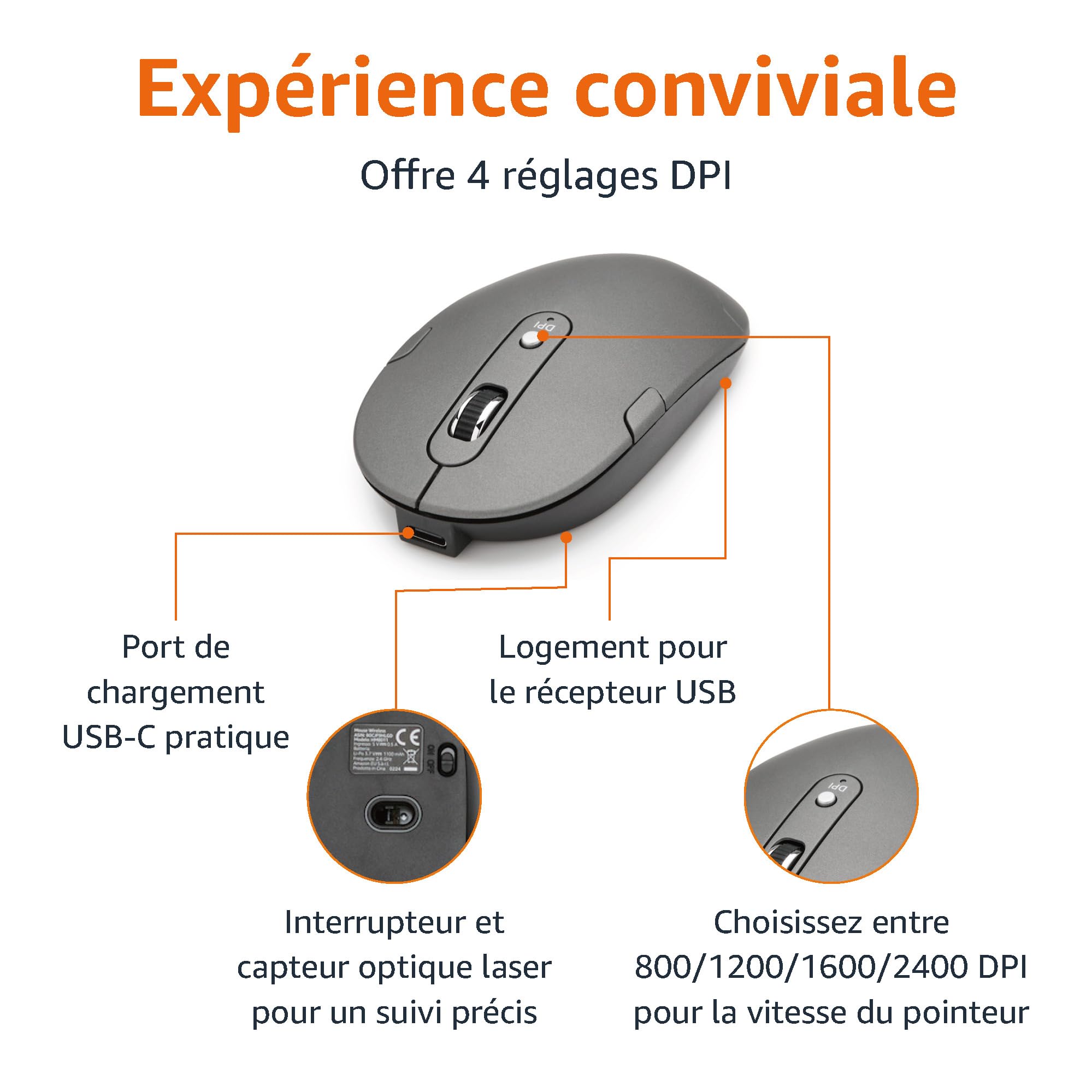 Amazon Basics souris sans fil rechargeable - Clavier complet ultra-mince et silencieux avec pavé numérique, FR Layout Gray, noir