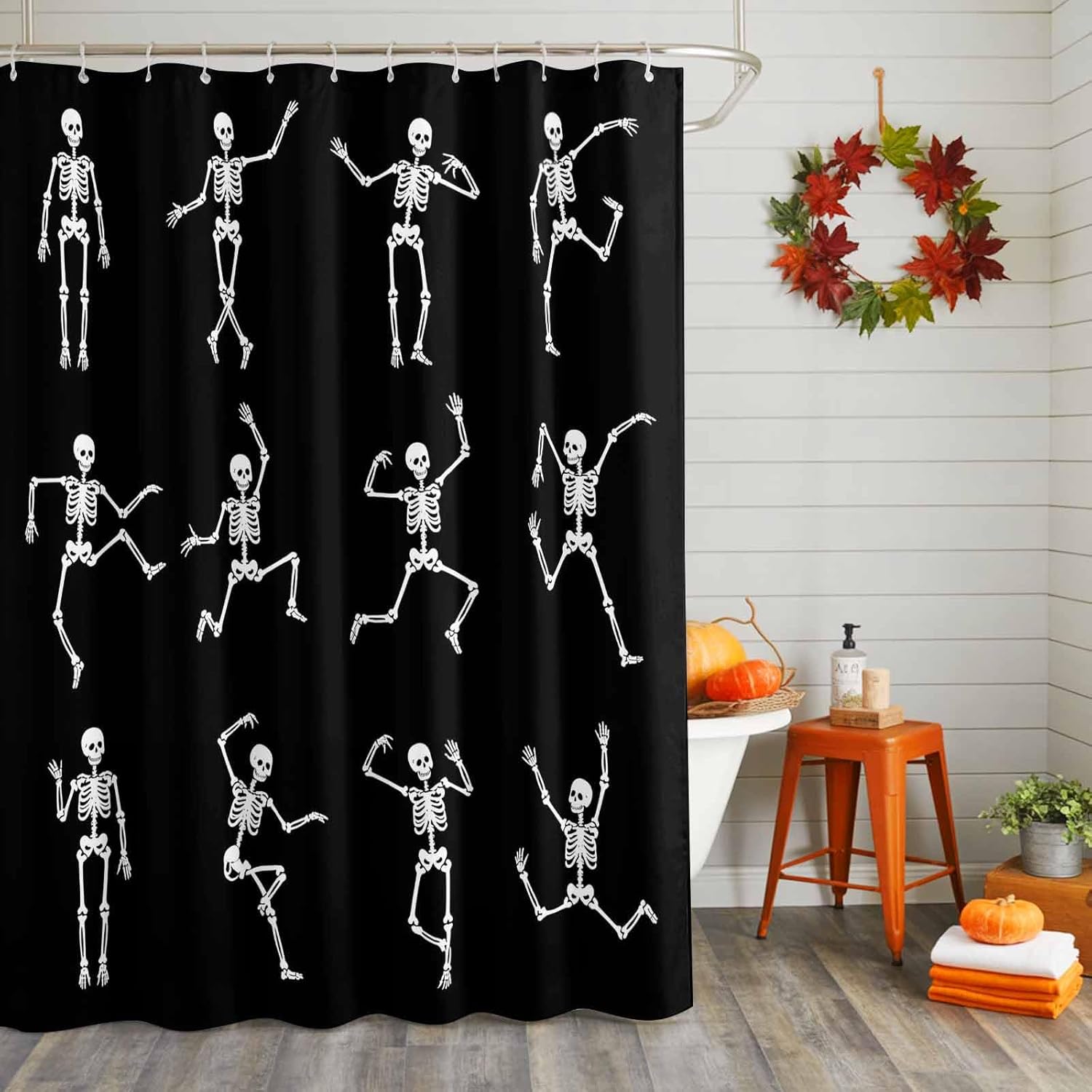 Halloween Shower Curtain Dancing Skeleton Bathroom Curtains with Hooks, Waterproof Fabric Funny Black Skull Shower Curtains Set for Bathroom Bathtubs Halloween Holiday Party Decor 72x72 Inch