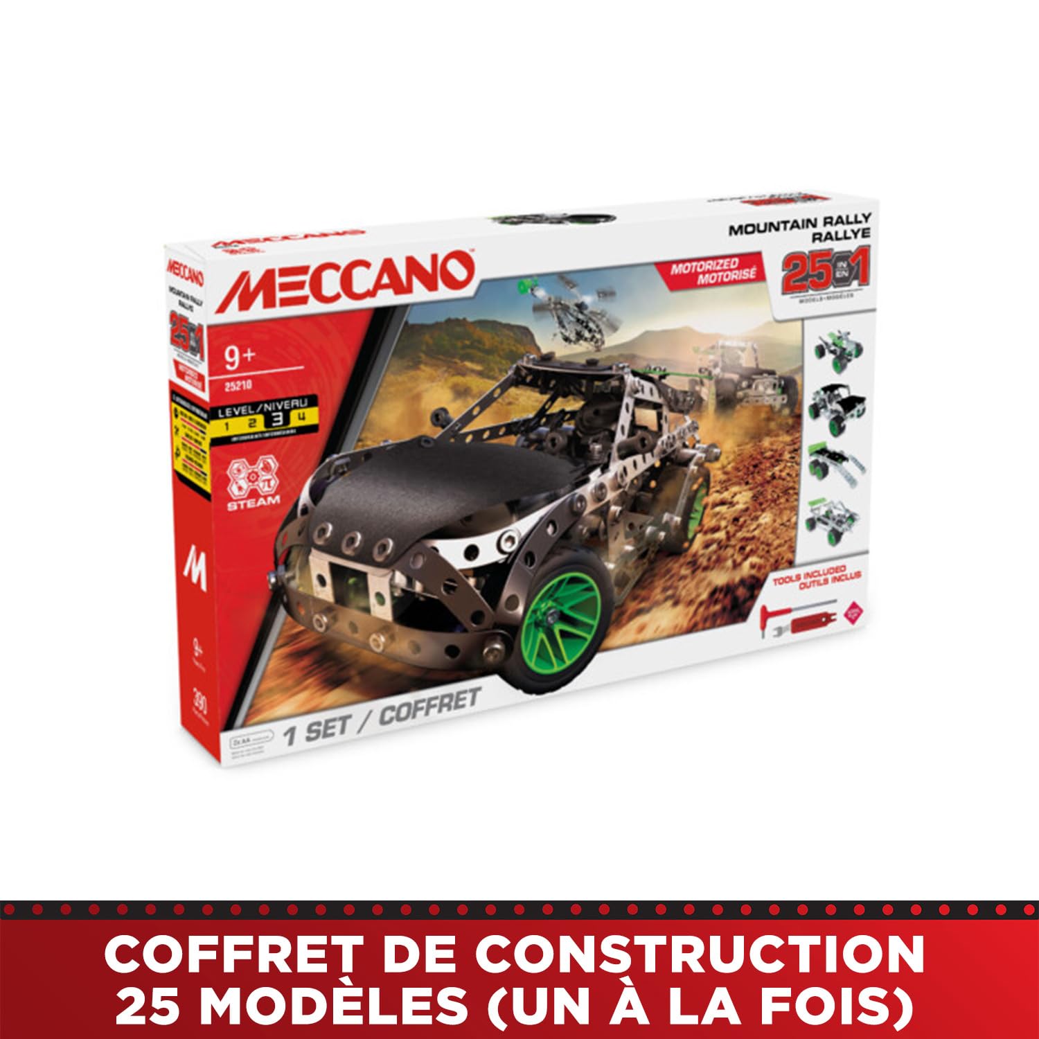 BANDAI - Meccano Mountain Rally 25 en 1 - Coffret de Construction 25 Modèles - 390 pièces, Moteur, Outils, Notice - Kit Activité Assemblage Voiture de Rallye - Jouet Enfant 10 Ans et + - APM11111