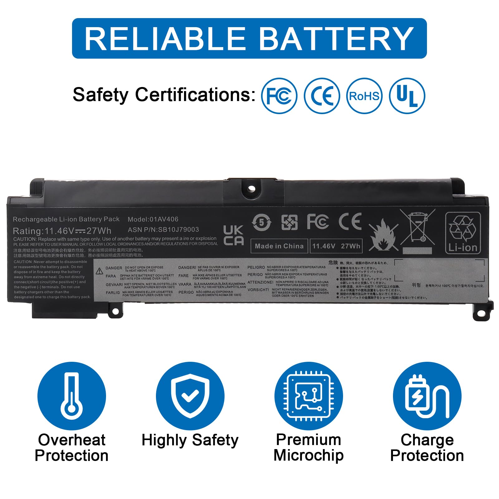Batería Para Portátil Lenovo ThinkPad T460S Y T470S - Polímero De Litio, 11,46V, 27Wh, Compatible Con Múltiples Números De Pieza (01AV406, 00HW025, Etc.)