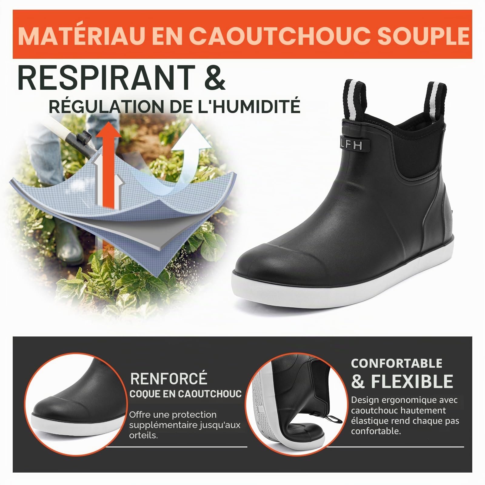 Bottes de Pluie Homme, Caoutchouc de Sécurité Bottine, Original Antidérapant étanche Boots Chaussures