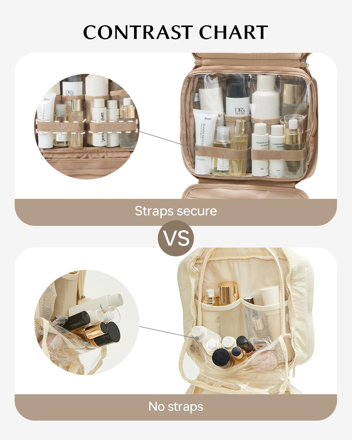 EACHY Travel Toiletry Bag with Hanging Hook, Portable Makeup Cosmetic Bags for Women, Water-Resistant Full-Size Travel Accessories (Pink) - Image 2