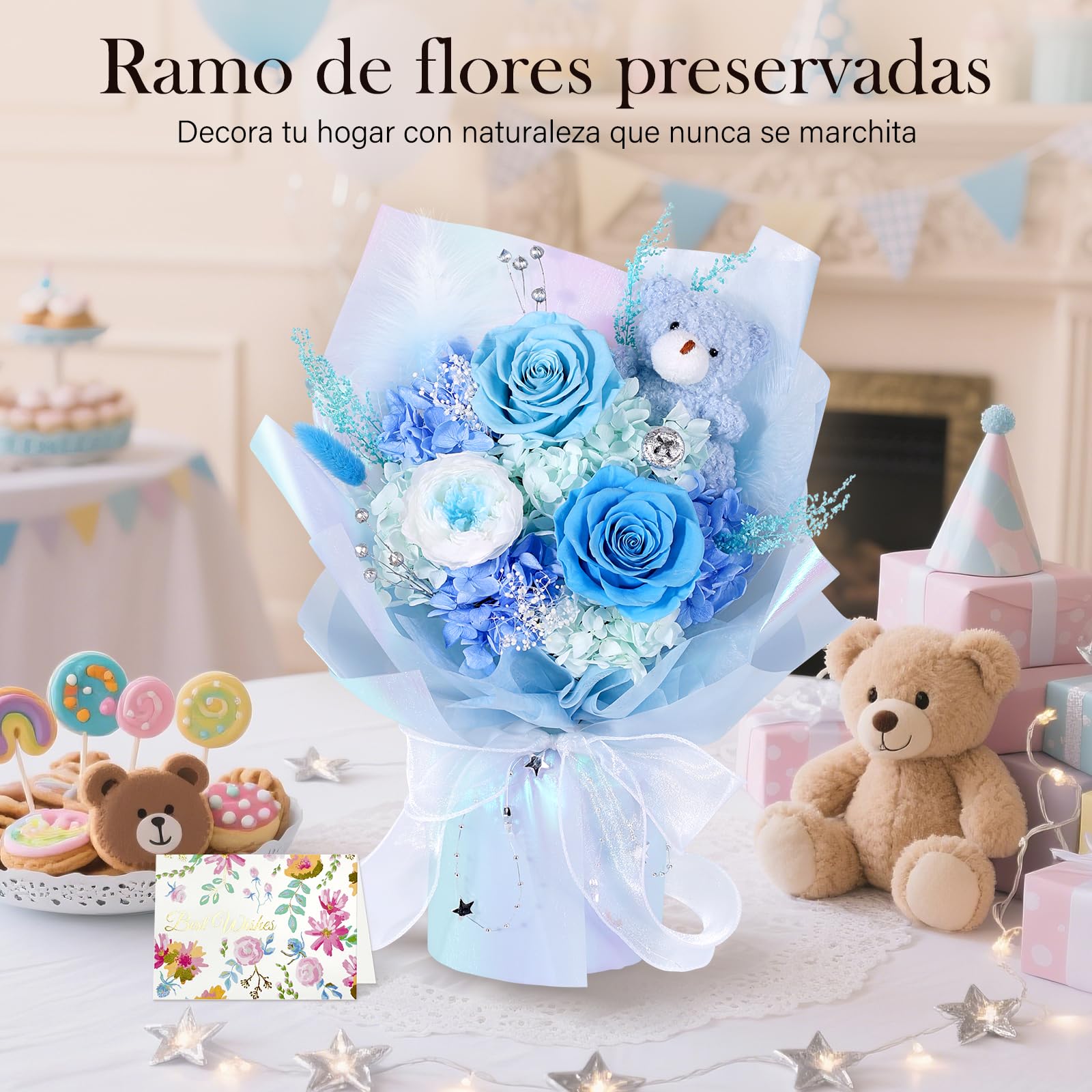 Ramo de Flores Preservadas con Osito, Rosas Eternas Azules, Regalo Mujer | Regalo de 3 rosas preservadas en San Valentín, aniversario, cumpleaños o Día de la Madre, para mujer, novia, esposa o madre