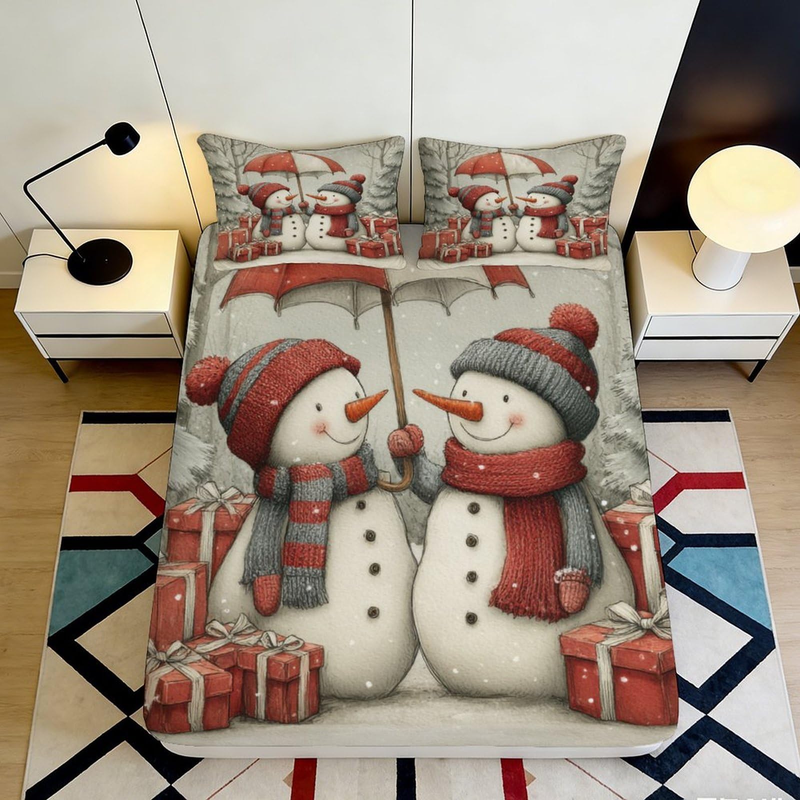 3D Printed Snowman Gift Fitted Sheet Microfiber Deep Pocket Bedding Set Snowman Mattress Fitted Cover Full Wrap Washable 180x200x25cm