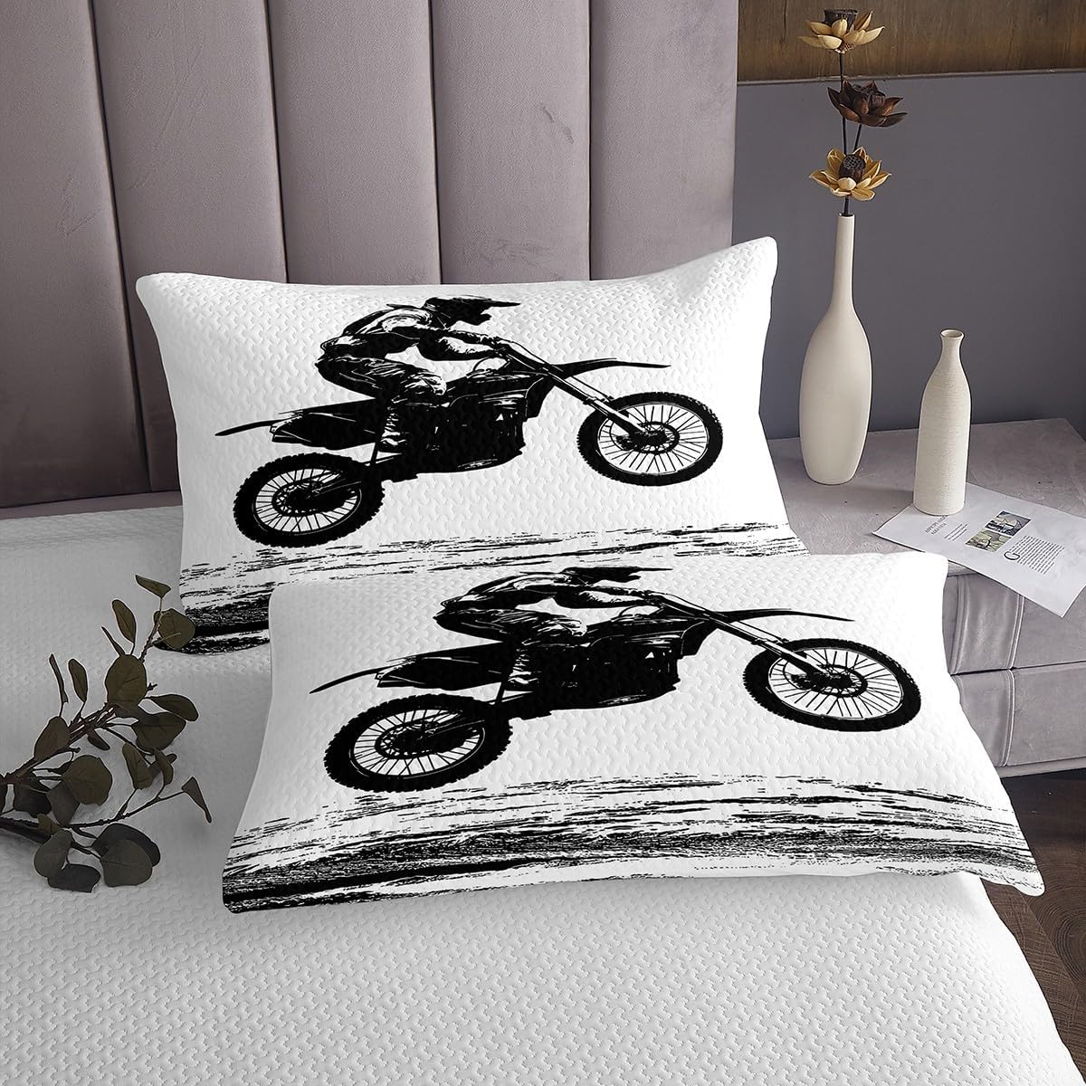 Erosebridal Dirt Bike Bedspread Queen Size,Motocross Racer Bedding Set, Extreme Sports Game Coverlet Set for Kids Boys Girls Teens Adult Bedroom Decor, Racing Motorcycle Quilted Coverlet