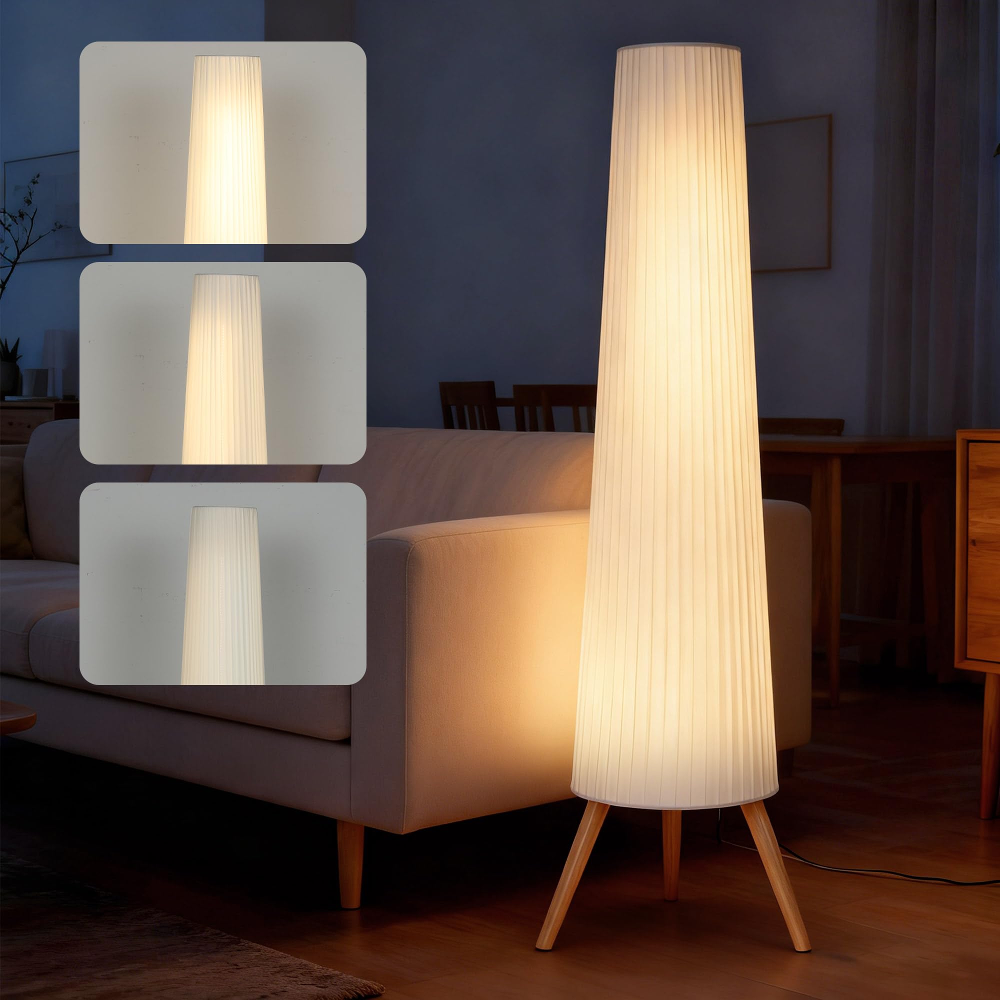 HOMCOM Lampada da Terra Treppiede con Interruttore a Pedale, Lampada a Pavimento con Luminosità Regolabile, Paralume in Tessuto e Gambe in Legno, per Salotto e Soggiorno, 46x46x153 cm, Bianco