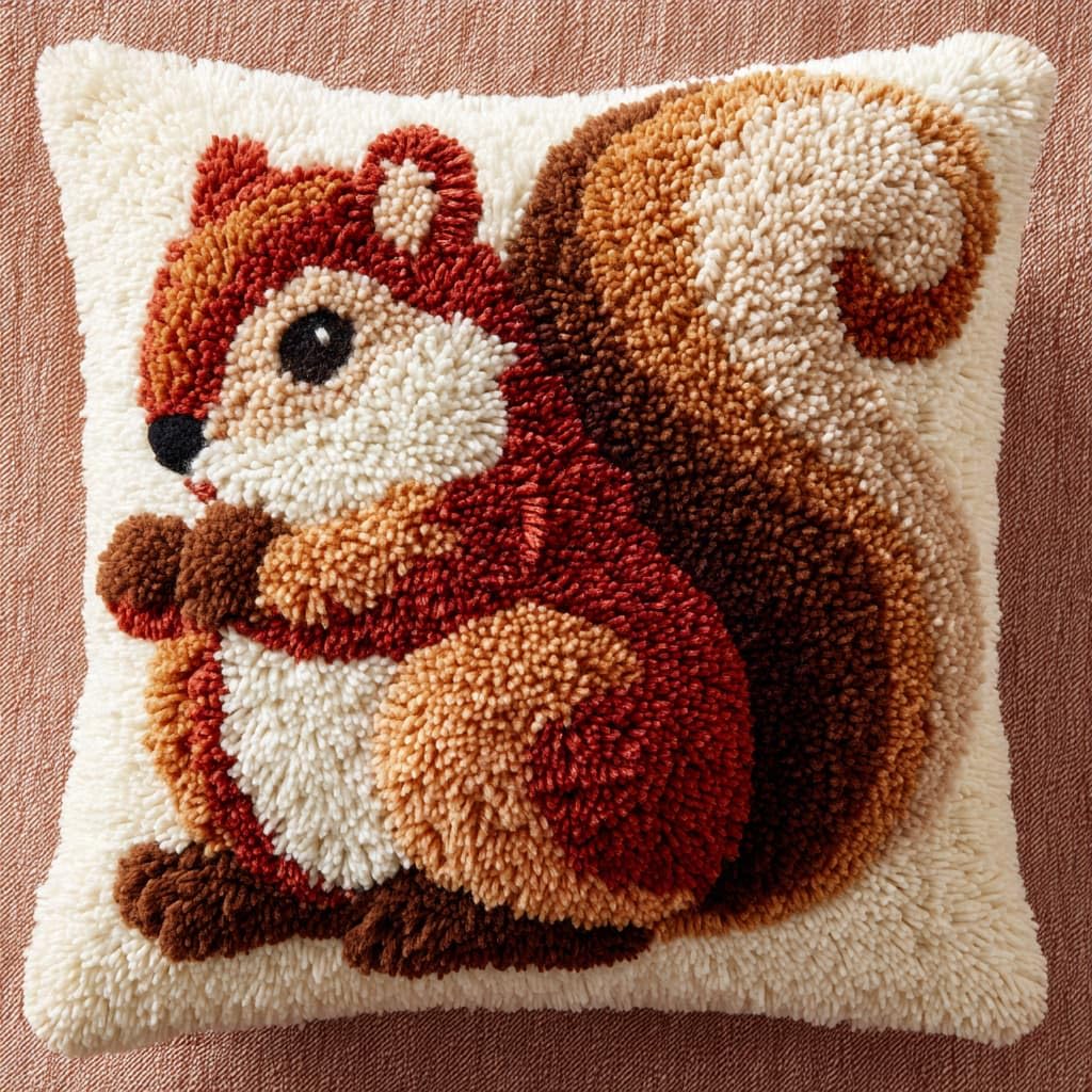 Taxpy Latch Hook Cushion Kits, Animal Squirrel Pillow Case Rug Cover DIY Needlework Embroidery Kits Handmade Cushion Kit 43x43cm
