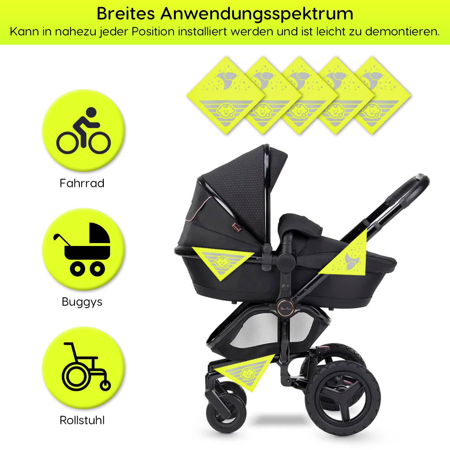 6 Stck Kinderwagen Reflektoren, Universal Reflektoren fr Kinderwagen mit  Klettverschluss fr Kinderwagen, Fahrrder, Anhnger Usw., mit Niedlichen  Baby und Wolken, Mond und SternmotivenNeon Gelb : Amazon.de: Sport &  Freizeit