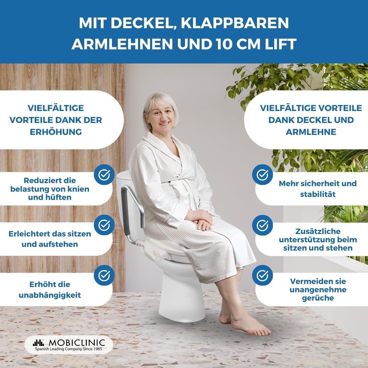 Mobiclinic®, Toilettensitzerhöhung, 17cm, Mit klappbaren, Gepolsterten armlehnen und Deckel, Passend für ovale toiletten, Ergonomisch, Leicht, Sicher, Europäische Marke, Modell guadiana