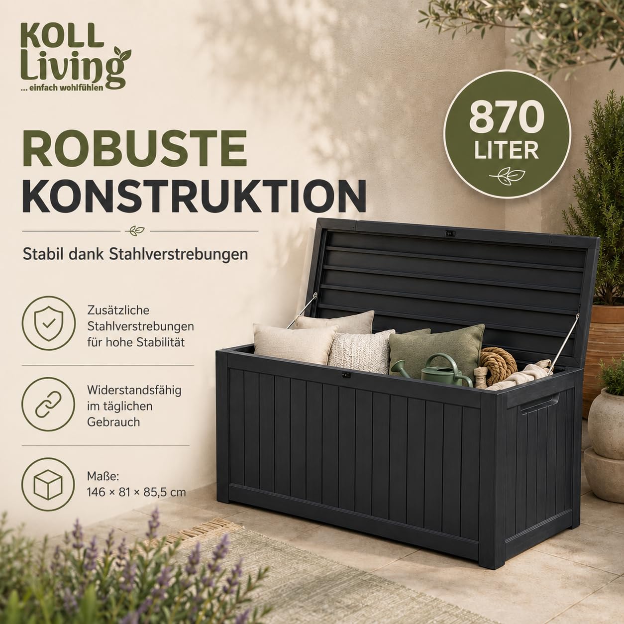 Koll Living Auflagenbox/Kissenbox Cedar 870 Liter l 100% Wasserdicht l mit Belüftung dadurch kein übler Geruch/Schimmel l Moderne Holzoptik l Deckel belastbar bis 250 KG (2 Personen) Modell 2027