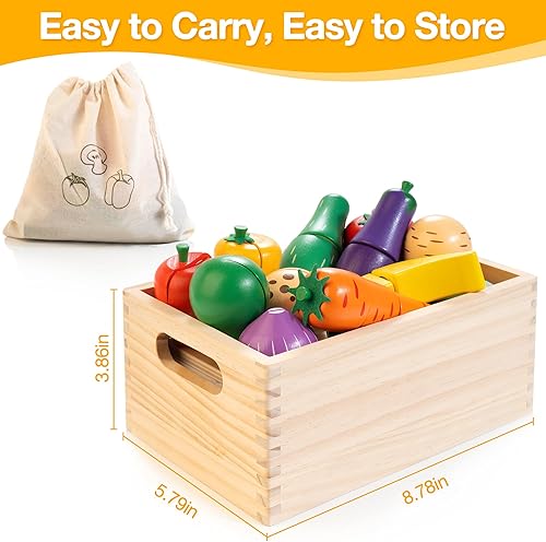 Miniatura 3 de Comida de madera para niños pequeños, juego de corte de frutas y verduras con velcro para niños, accesorios de cocina para niños y niñas de 3, 4, 5,