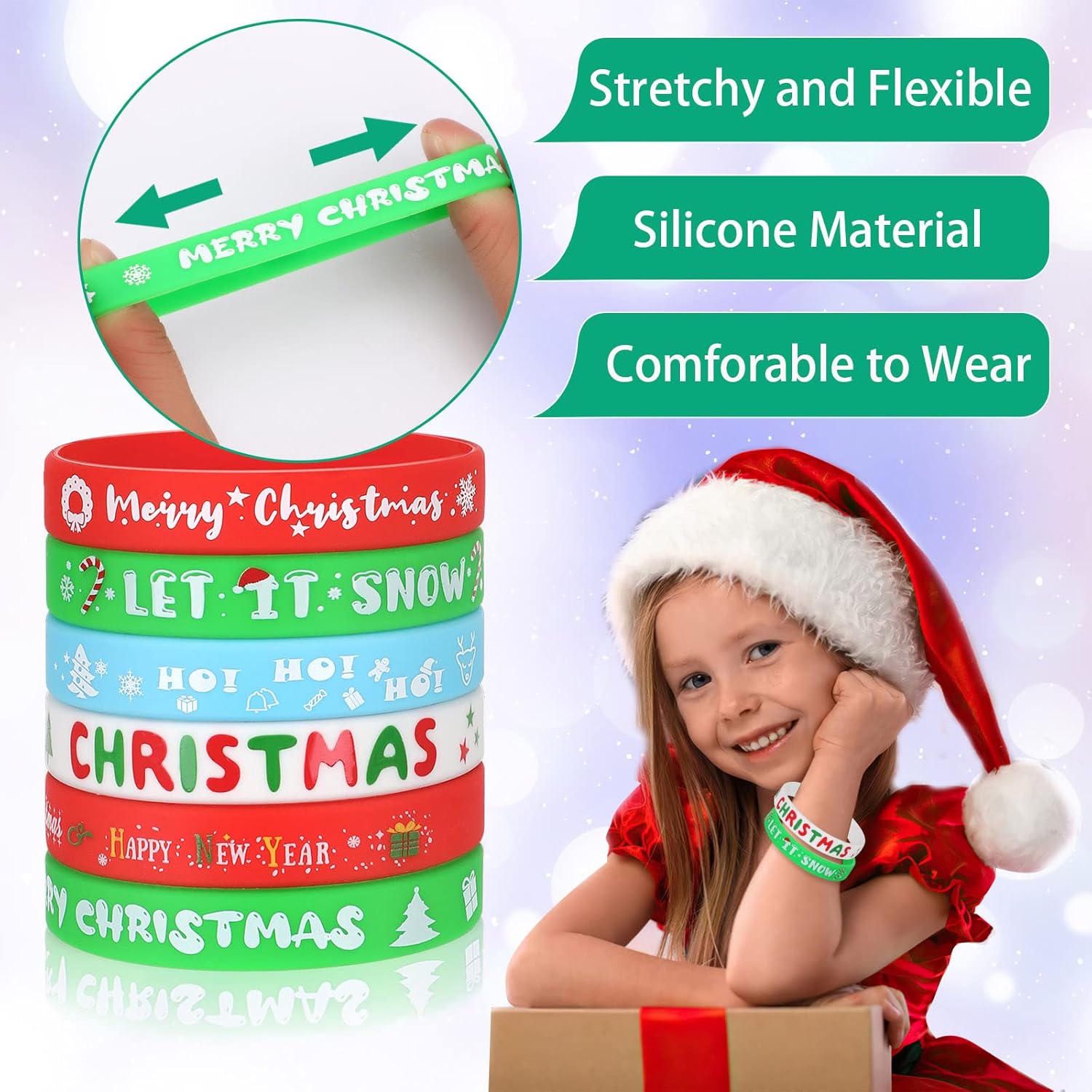 JUNEBRUSHS 24Pcs Christmas Silicone Bracelets, Rubber Wristbands Christmas Party Favors for Kids Decorations for Xmas Stocking Stuffers Wrist Band Accessories Gifts Supplies - Image 3