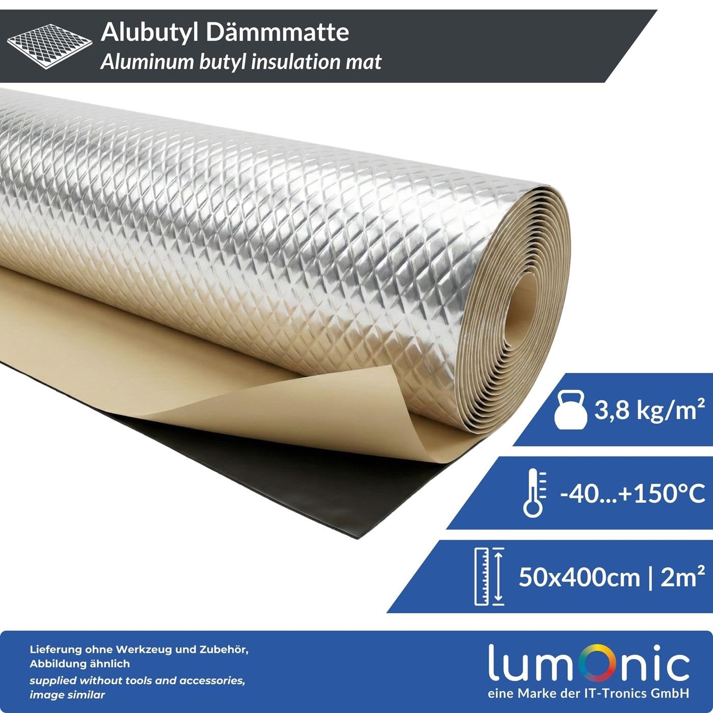 Lumonic Alubutyl 2mm Dämmmatte 2m² | Schalldämmung, Schallschutz für KFZ | 50x400cm Selbstklebend | Anti Dröhn Matte | 100% Butyl kein Bitumen | Geruchsneutral