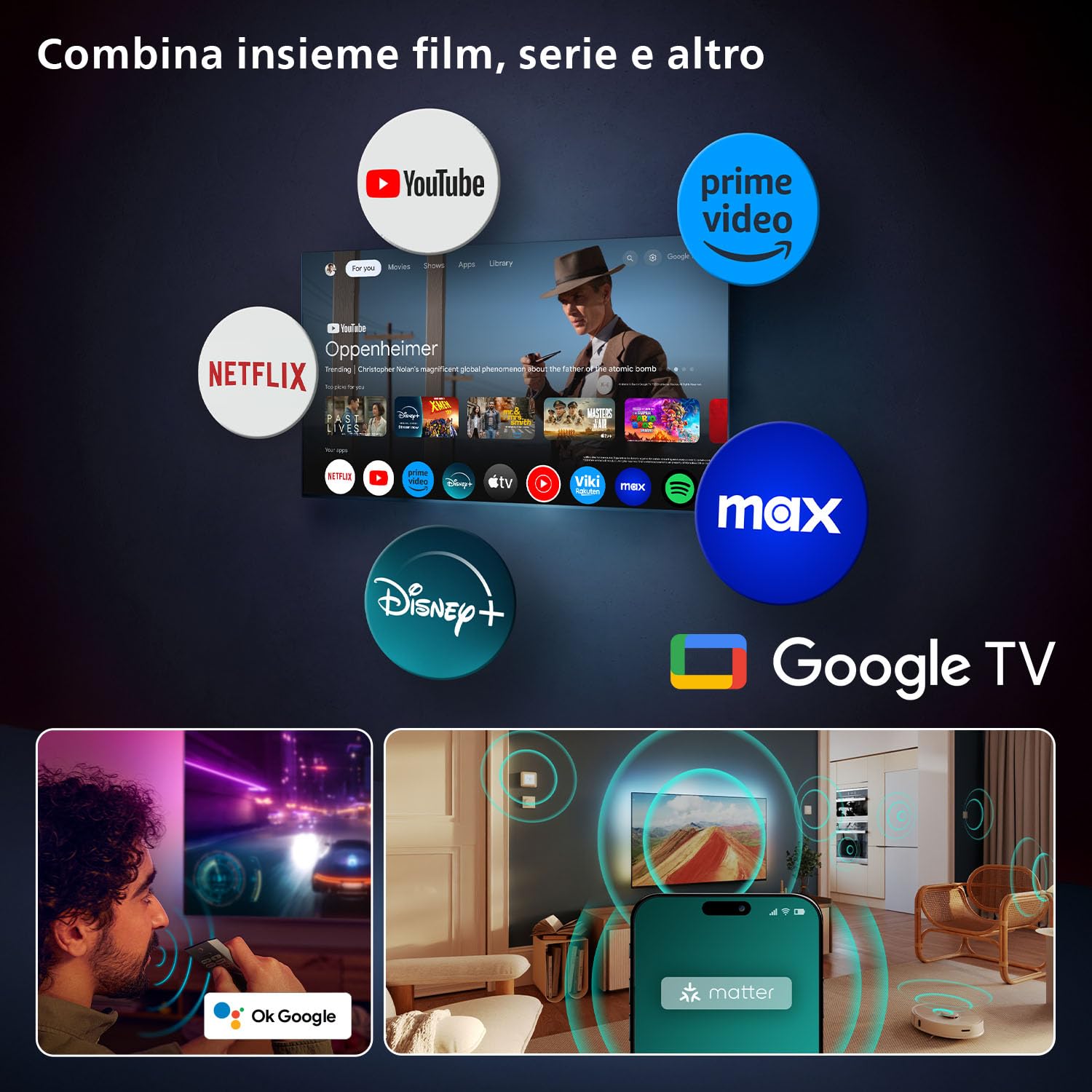 Philips Ambilight 65OLED820 4K OLED Smart TV - Display 65’’ con processore P5 AI Perfect Picture Ultra HD, Google TV, Dolby Vision e Atmos Sound - Funziona con Alexa e Google