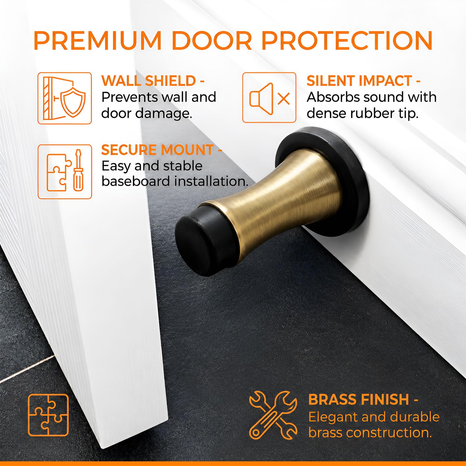 Volo Pack of 2 Pieces Heavy Duty Wall Mounted Door Stops, Rigid Door Stopper with Low Mounted Black Rubber Bumper Tips, Protect Wall & Door for Kitchen, Bedroom, Office (Antique Brass) — Amazon image 7