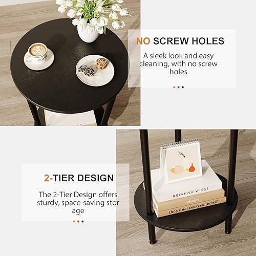 Miniatura 6 de Mesa auxiliar redonda pequeña, mesa auxiliar redonda negra con almacenamiento, acento moderno de 2 niveles, mesa de noche para sala de estar,