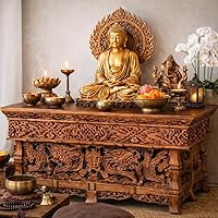 Tribe Azure Fair Trade Hand-Carved Sheesham Altar Table - Foldable Meditation Puja Shrine with Dragon & Garuda Design (Large 24")