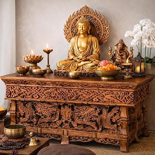 Tribe Azure Fair Trade Hand-Carved Sheesham Altar Table - Foldable Meditation Puja Shrine with Dragon & Garuda Design (Large 24")