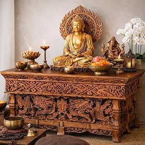 Tribe Azure Fair Trade Small Altar Table, Meditation Table, Puja Table, Wooden Wiccan Buddhist, Japanese Tea, Low Side Dragon (Large)