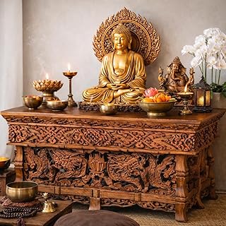 Tribe Azure Fair Trade Small Altar Table, Meditation Table Altar, Small Puja Table, Meditation Altar Wood Wiccan Buddhist, Tea Japanese, Low Side Dragon (Large)
