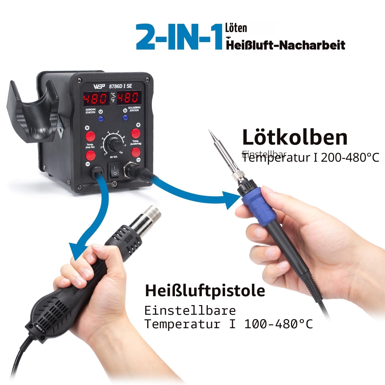 WEP 8786D-I SE 2-in-1-Hot-Air-Lötkolben-Station-Kit zum Rework und Desolderen mit bleifreiem Lötdraht, 5 Lötspitzen, 3 Heißluftdüsen, Pinzette, Entlötpumpe (EU Stecker)