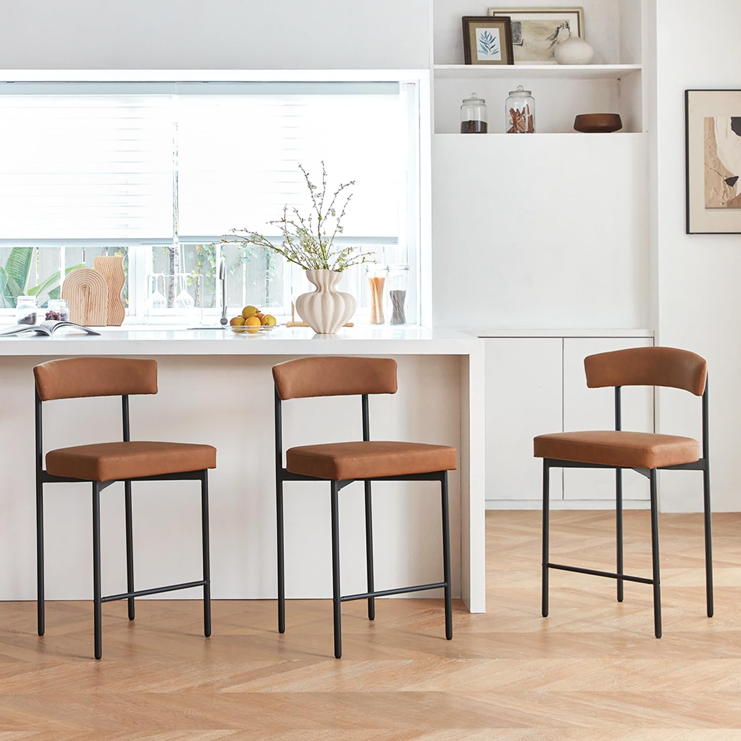 GrandNoor Brown Modern Bar Stools Set of 3, 24 Inch Faux Leather Counter Stools with Curved Backrest, Counter Height Bar Stool for Kitchen Island